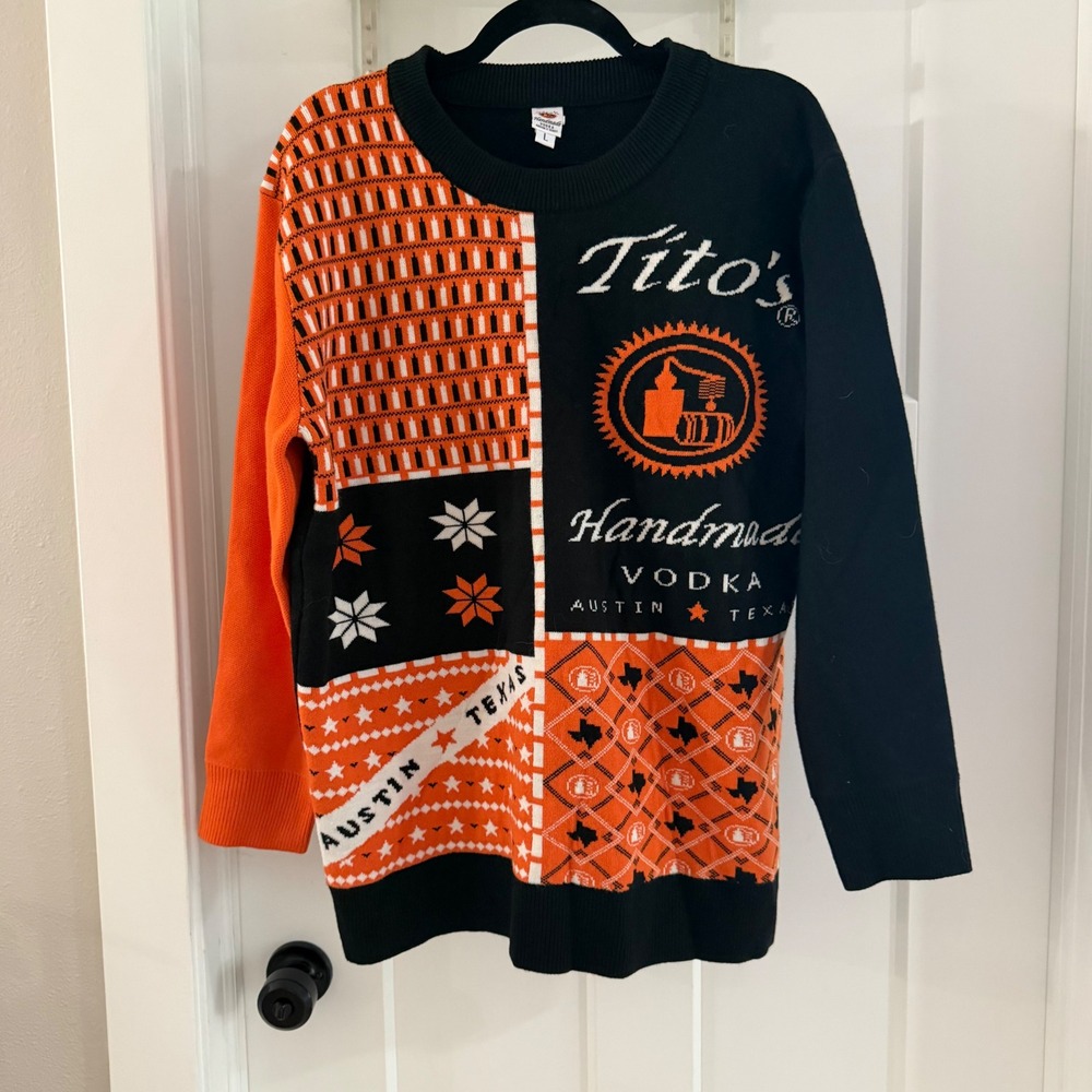 Tito's Handmade Vodka Mens Large Ugly Holiday Sweater Black Orange Patchwork
